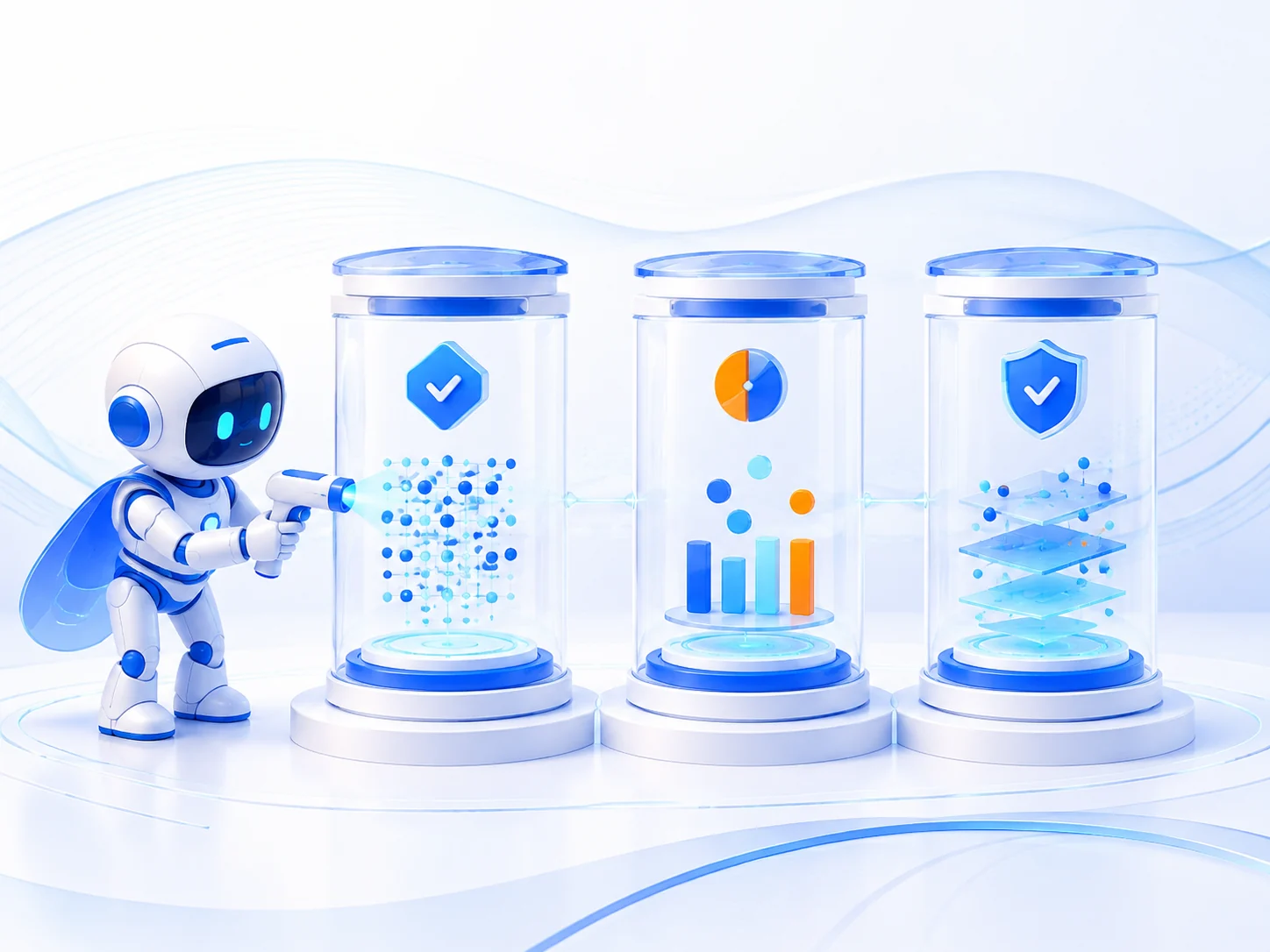 A blue-white evidence lab for data, risk and traceability